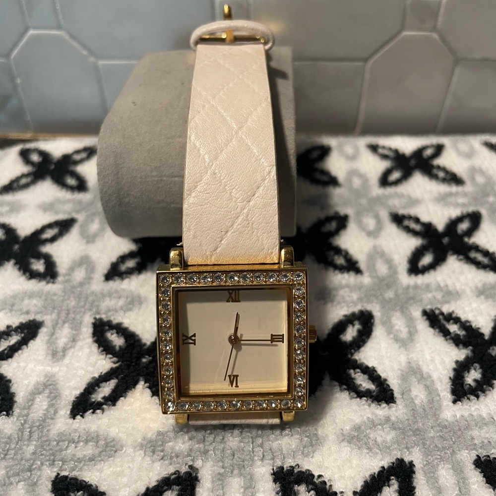 White bejeweled square watch